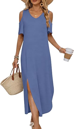 Women Short Sleeve Beach Maxi Dress | V Neck with Pockets Curved Side Slit Hem Lightweight Flowy Casual Versatile Long Dress Summer Daily Beach Vacation Outfits