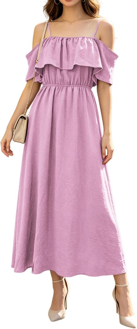 Women's 2026 Spaghetti Straps Casual Summer Off the Cold Shoulder Elastic High Waist Long A Line Formal Boho Vocation Dress