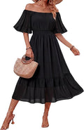 Women's Summer Boho Off Shoulder Midi Dress Ruffle Sleeve Smocked Elastic Waist Flowy Dresses