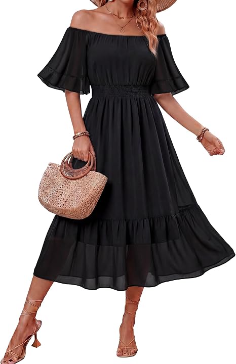Women's Summer Boho Off Shoulder Midi Dress Ruffle Sleeve Smocked Elastic Waist Flowy Dresses